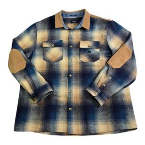 Roark Flannel Shirt Jacket Men XXL Blue Plaid Wool Blend Elbow Patches Shacket